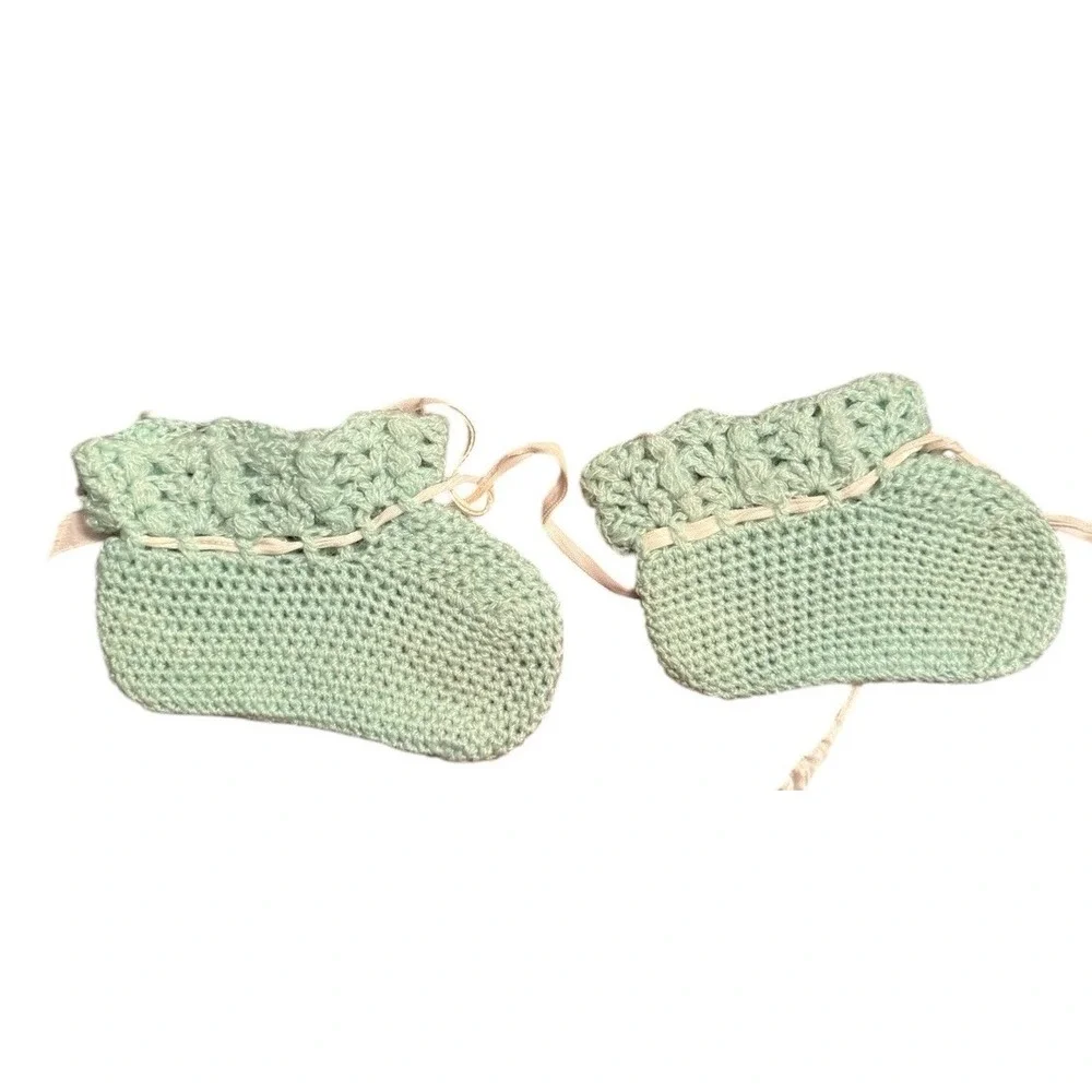 Vintage Handmade Crochet Baby Booties Blue With White Satin String